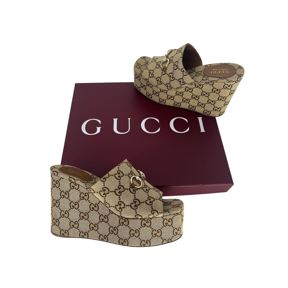 Gucci Carmen Horsebit GG Supreme Canvas Platform Wedge Sandals Size 39